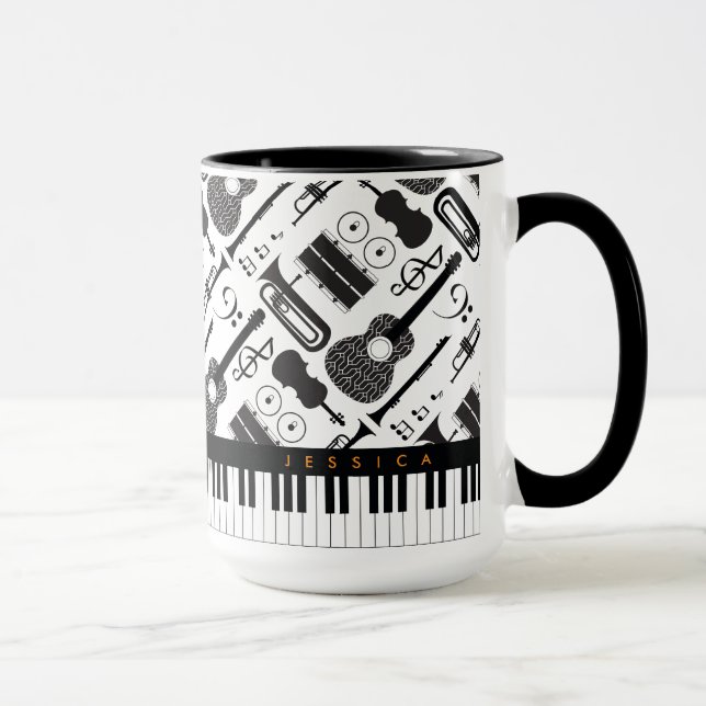 Caneca Padrão Moderno de Instrumentos Musicais de Preto e (Direita)