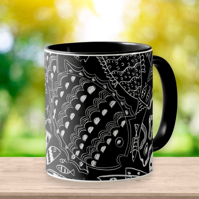 Caneca Padrão Moderno De Peixe Preto E Branco (Criador carregado)