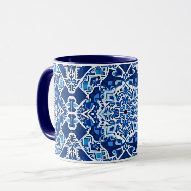 Caneca Padrão mosaico em Indigo e Cobalto Azul (Frente Esquerda)