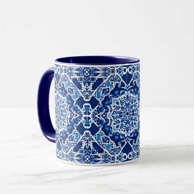Caneca Padrão mosaico em Indigo e Cobalto Azul (Frente Esquerda)