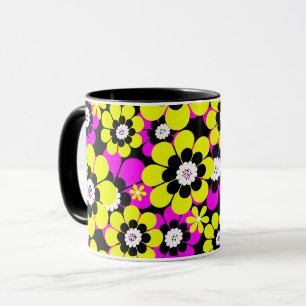 Caneca Padrão neon floral brilhante carmesim e fluxo amar