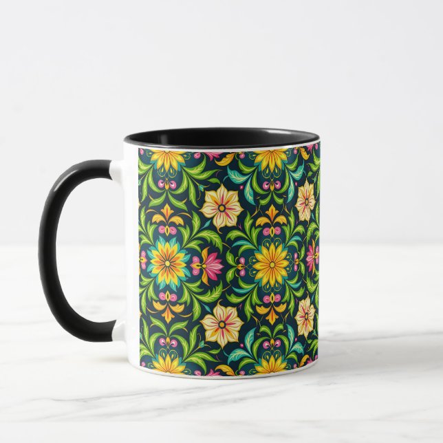 Caneca Padrão Ornamental Floral em Cores Vibrantes (Esquerda)