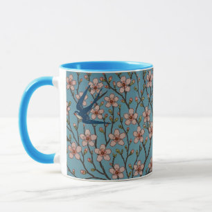 Caneca Padrão Retrô de Andorinha Floral Azul por Walter C