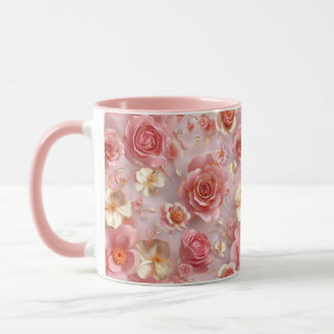 Caneca Padrão Romântico de Rosas rosa e creme