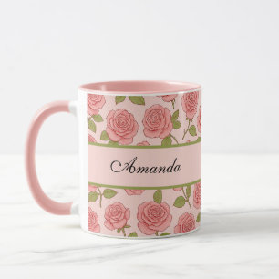 Caneca Padrão Rosa Rosa Rosa Rosa Rosa Vintage com Nome