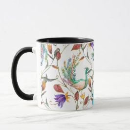 Caneca Padrão sem costura com pavão e flores
