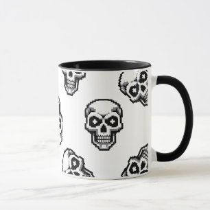 Caneca Padrão Simples de Caveira Pixelada Branca Clássica