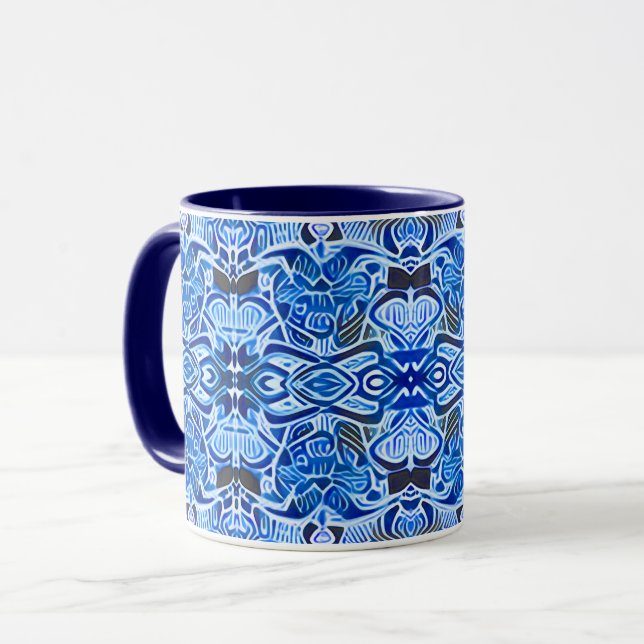 Caneca Padrão Tribal Batik em Azul e Branco Indigo (Frente Esquerda)
