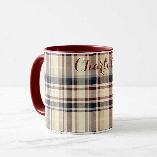 Caneca Padrão verificado clássico de Xadrez bege (Frente Esquerda)