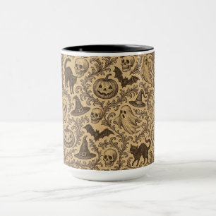 Caneca Padrão vintage vitoriano de Halloween com fantasma