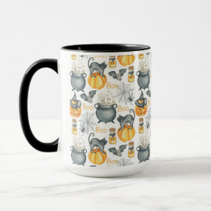Caneca Padrão Whimsical Halloween Cauldron and Cats