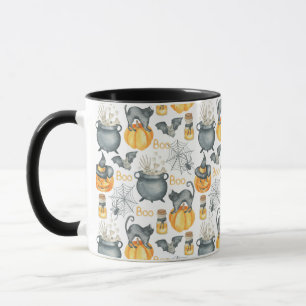 Caneca Padrão Whimsical Halloween Cauldron and Cats