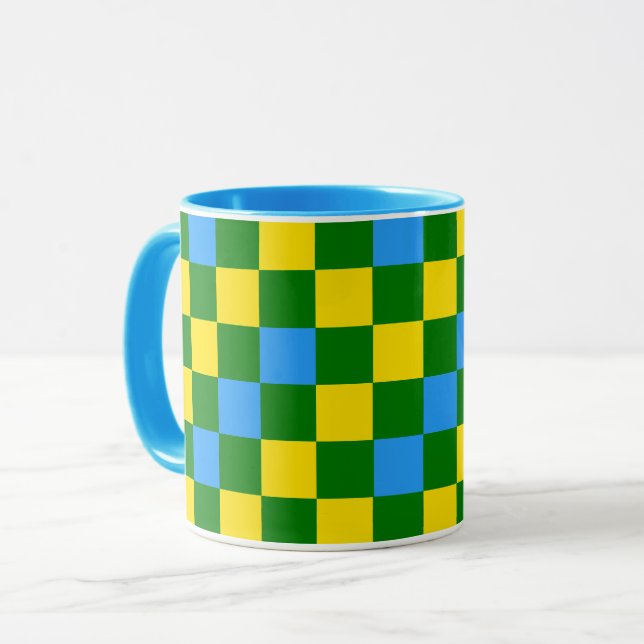 Caneca Padrão Xadrez Azul Amarelo Verde Design  (Frente Esquerda)