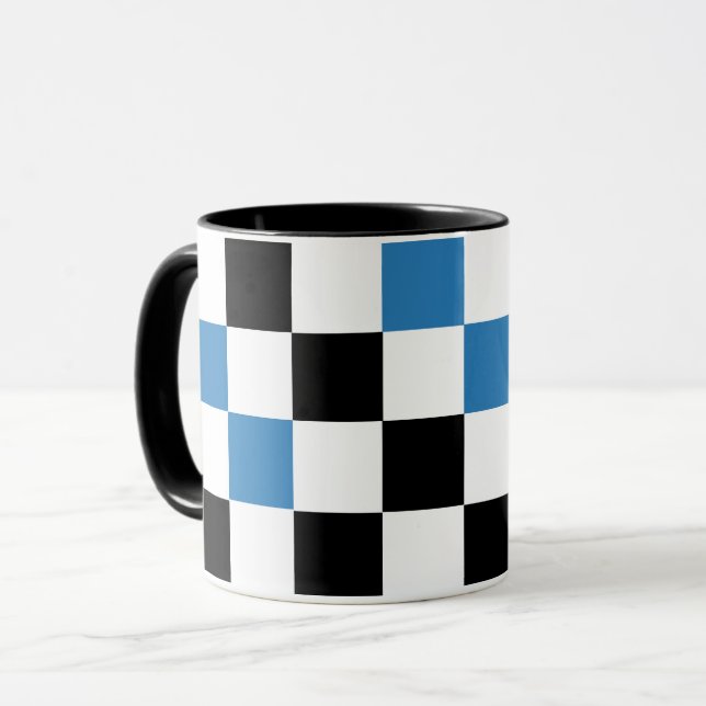 Caneca Padrão Xadrez Azul Preto Branco Design  (Frente Esquerda)