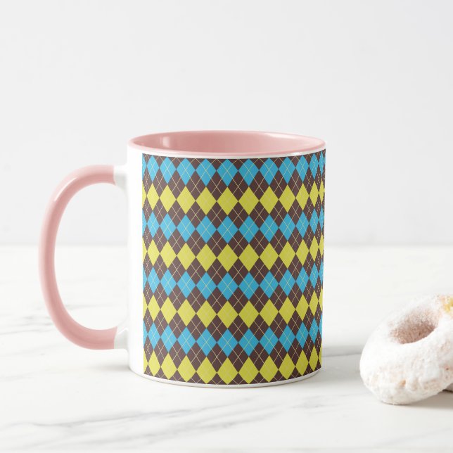 Caneca Padrão Xadrez Escocês dos Anos 70 (Com Donut)