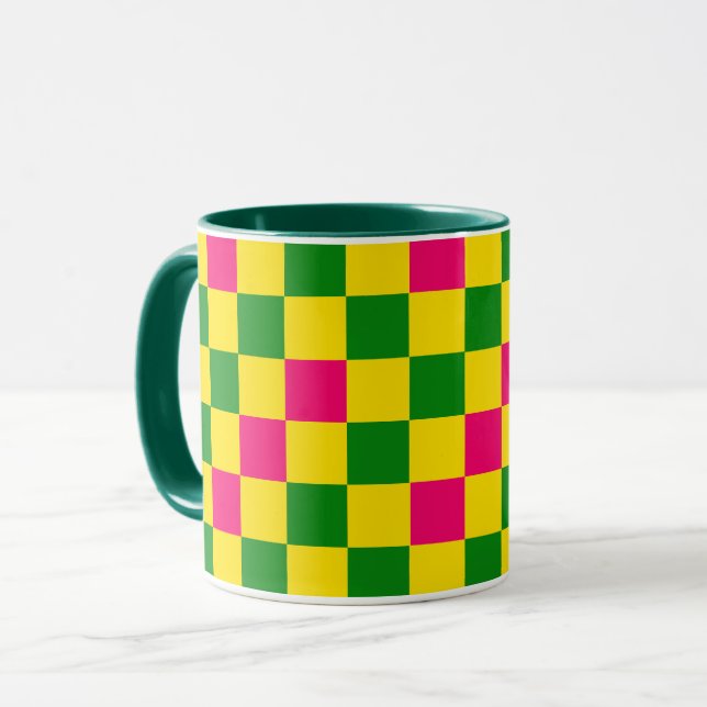 Caneca Padrão Xadrez Rosa Amarelo Verde Design  (Frente Esquerda)