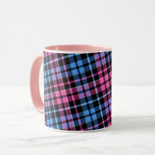 Caneca Padrão Xadrez Tartan Rosa e Azul em Preto