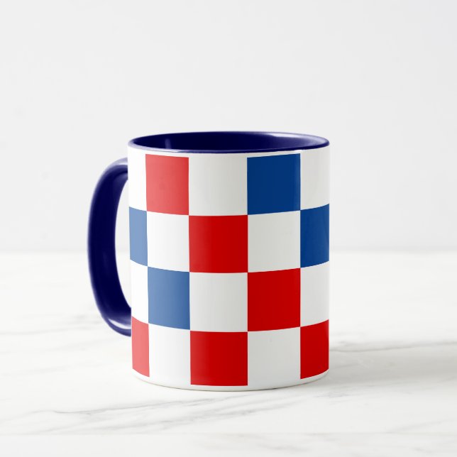 Caneca Padrão Xadrez Vermelho Branco Azul Design  (Frente Esquerda)