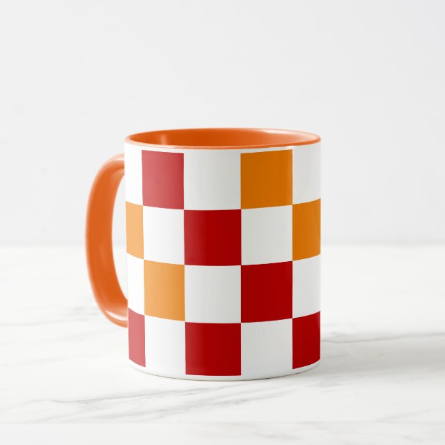 Caneca Padrão Xadrez Vermelho Branco Laranja (Frente Esquerda)
