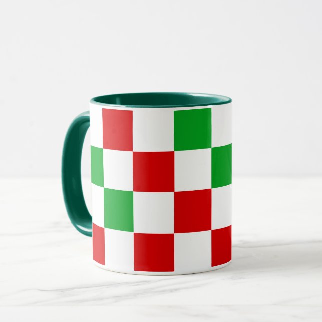 Caneca Padrão Xadrez Vermelho Branco Verde Design  (Frente Esquerda)