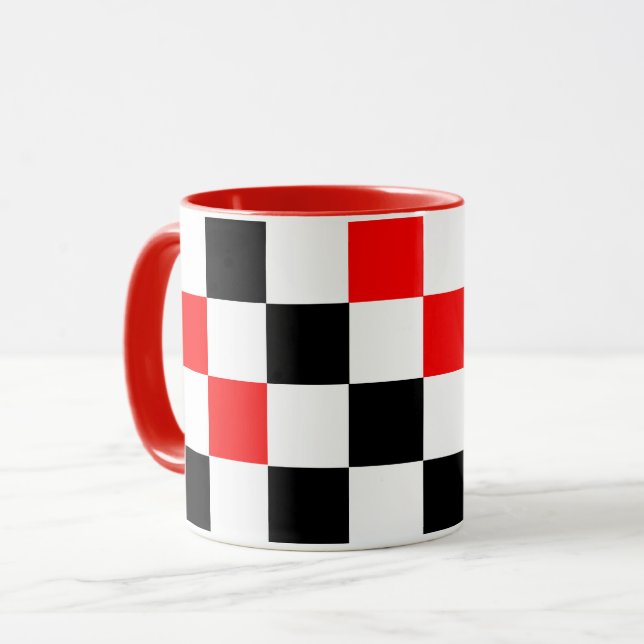 Caneca Padrão Xadrez Vermelho Preto e Branco Design  (Frente Esquerda)