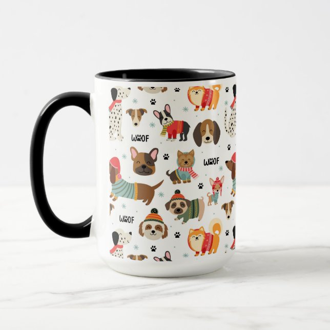Caneca Padrões de Cães Festivos em Suéteres Feriados (Esquerda)