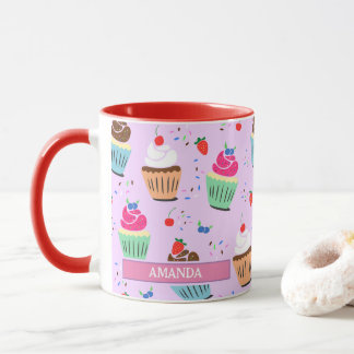 Caneca Padrões de cupcake bonitos, doce, nome da padaria 