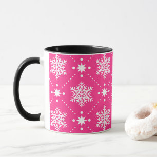 Caneca Padrões de Natal Girly Pink e White Snowflakes