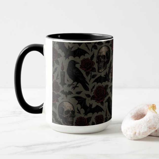 Caneca Padrões Góticos, Corvos e Rosas (Com Donut)