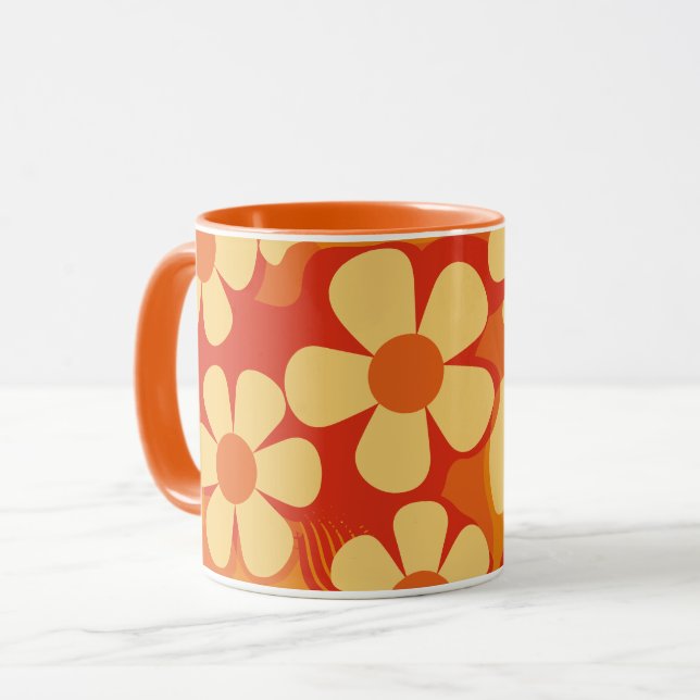 Caneca Padrões Laranja Floral e Amarelo Retro (Frente Esquerda)