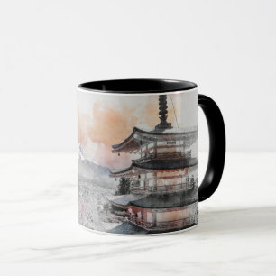 Caneca Pagode Japonesa em Aquarela & Fuji