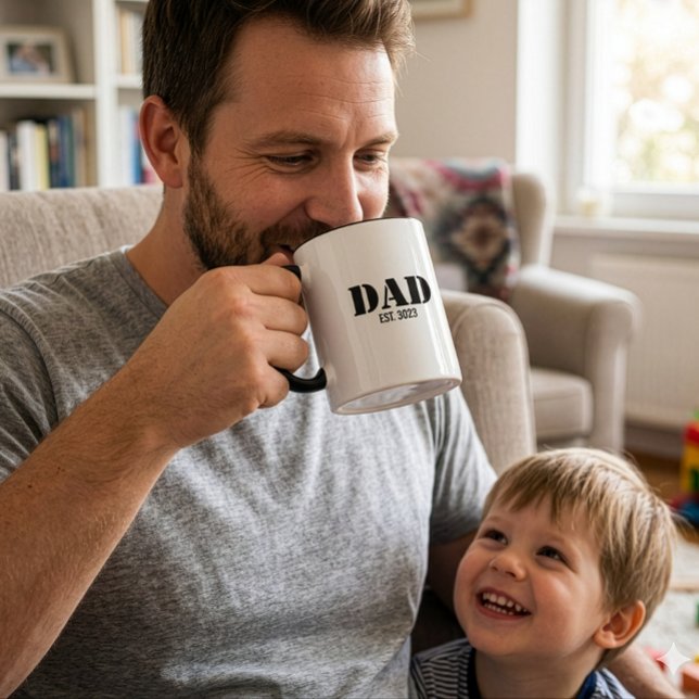 Caneca Pai Estabeleceu Fonte Preta Simples e Negrito (Dad Established Simple Bold Black Text on a White Mug with Black handle and inside)