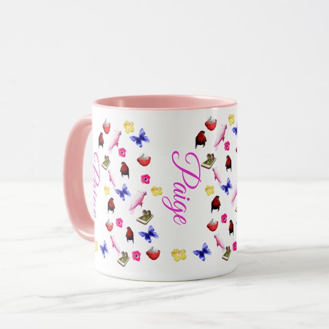 Caneca Paige, Nome Com Bunnies, Parrots, Borboletas, (Frente Esquerda)