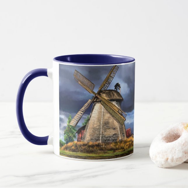 Caneca Paisagem com Paisagem de Windmill, Países Baixos (Com Donut)