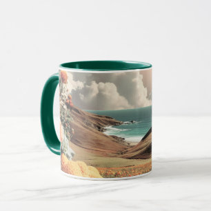 Caneca Paisagem Costeira Surrealista com Flores e Nuvens