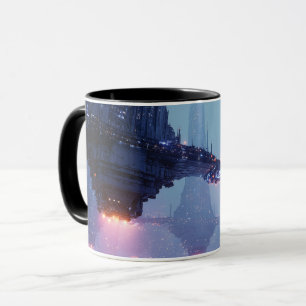 Caneca Paisagem Urbana Futurista com Estruturas Flutuante