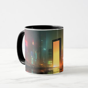 Caneca Paisagem Urbana Futurista com Reflexos de Neon