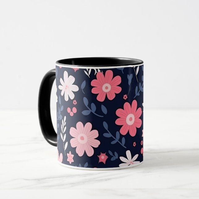 Caneca Paisley Floral marinho Azul e Rosa (Frente Esquerda)