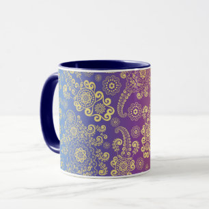 Caneca Paisley Luxo Dourado em Azul, Roxo e Laranja