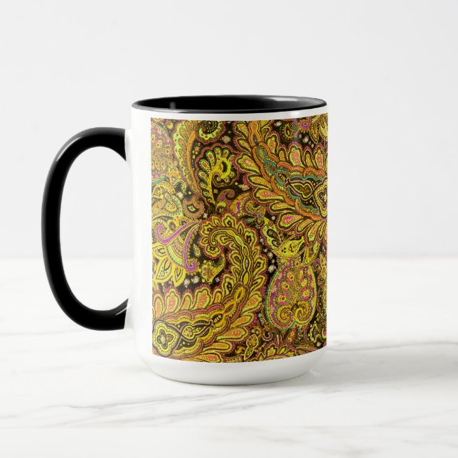 Caneca Paisley Motif in Yellow, Brown on Black Background (Esquerda)
