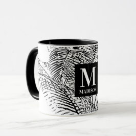 Caneca Palm Tree deixa Abstrato preto e branco monograma