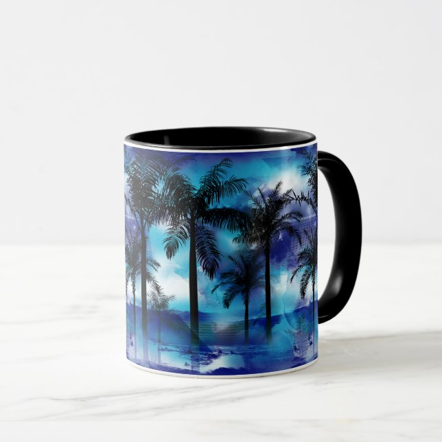Caneca Palmas Moody - Mug de praia tropical azul roxa (Frente Esquerda)