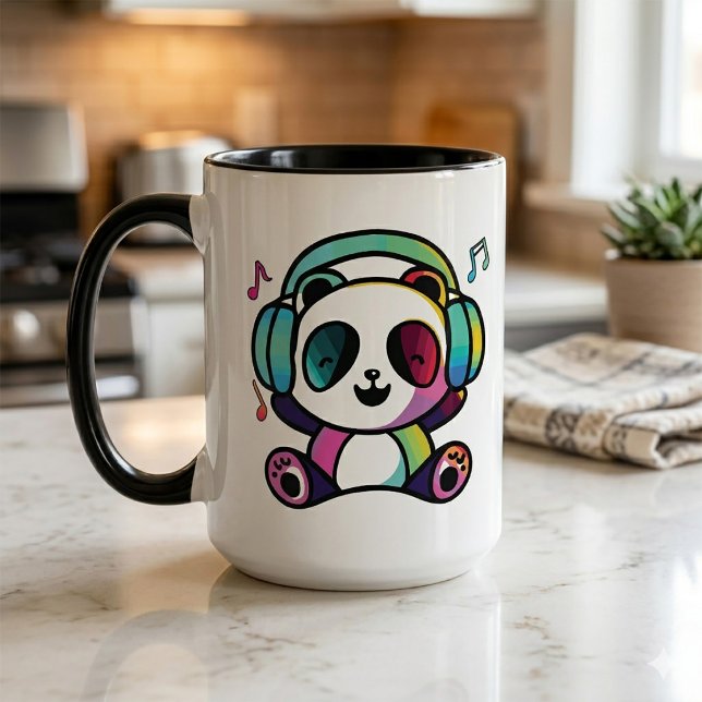 Caneca Panda feliz com fones de ouvido ouvindo música. (Happy Panda with headphones listening to music. Mug)