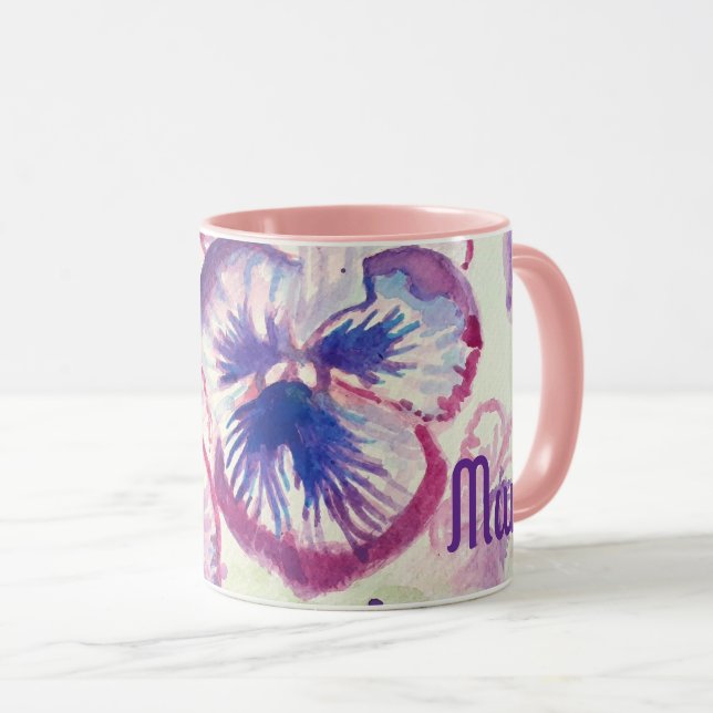Caneca Panteras Pansíveis Flores Roxas Mães Rosa (Frente Esquerda)