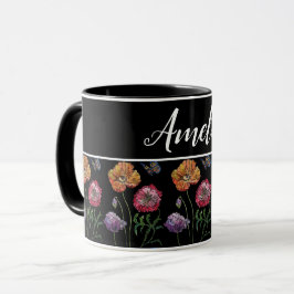 Caneca Papagaios Chiques vermelhos Flores Pretas