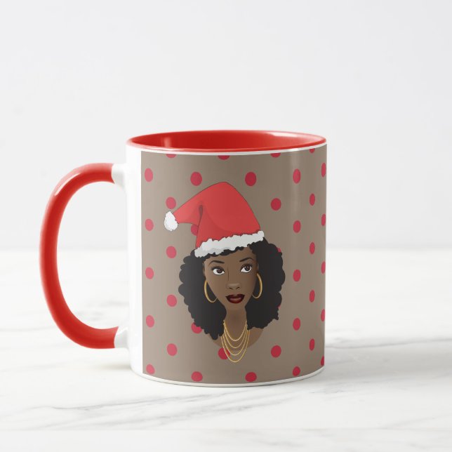 Caneca Papai Noel de Natal, Mulher Negra, Pontos Vermelho (Esquerda)