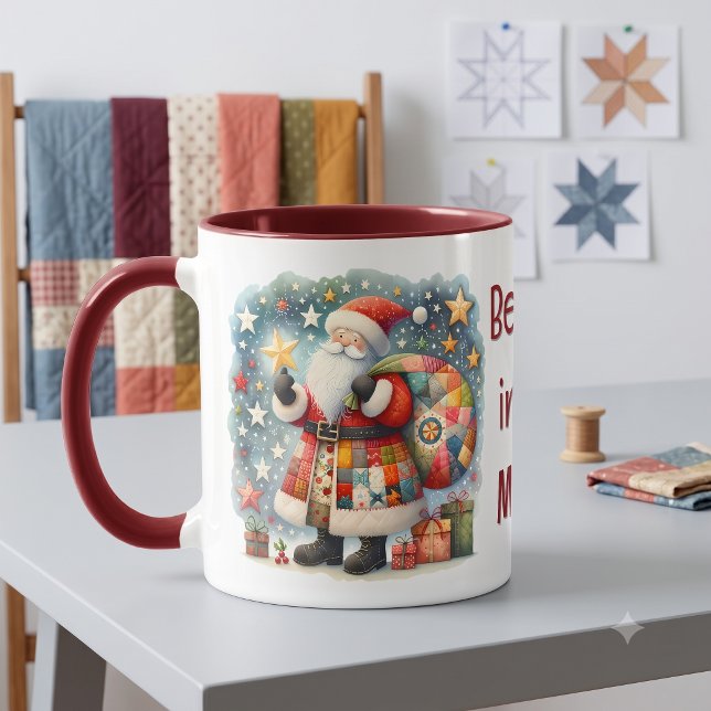 Caneca Papai Noel de Patchwork Acolchoado com Estrelas de (Quilted Patchwork Santa with Christmas Stars Mug)