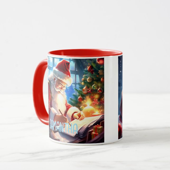 Caneca Papai Noel, Papai Noel Verificando Sua Lista,      (Frente Esquerda)