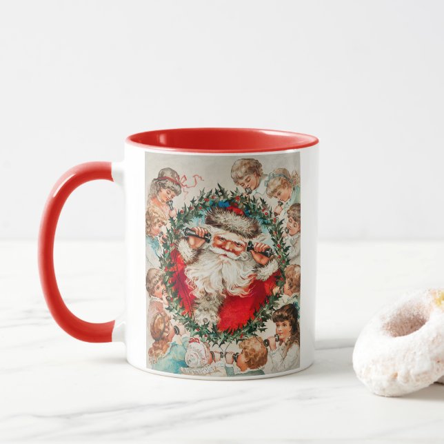 Caneca Papai Noel Vitoriano por telefone com crianças (Com Donut)