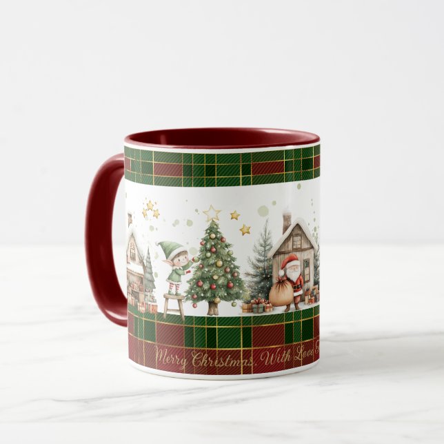 Caneca Papai noel Workshop Elves Red Green Natal Tartan (Frente Esquerda)